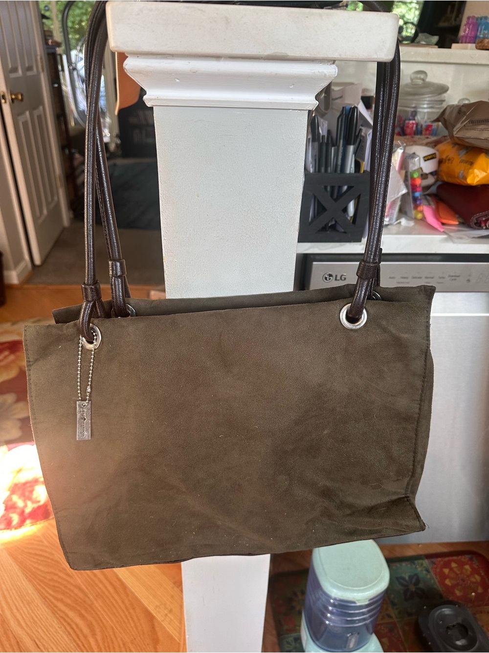 Sag Harbor Olive Suede Shoulder Bag with Dark Brown Handles